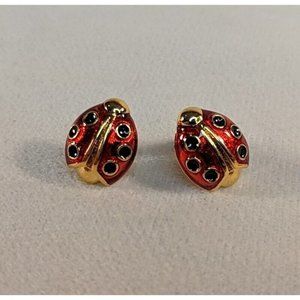 Vintage 1980 Ladybug Gold Tone Red Black Enamel Lady bug Avon Earrings Studs